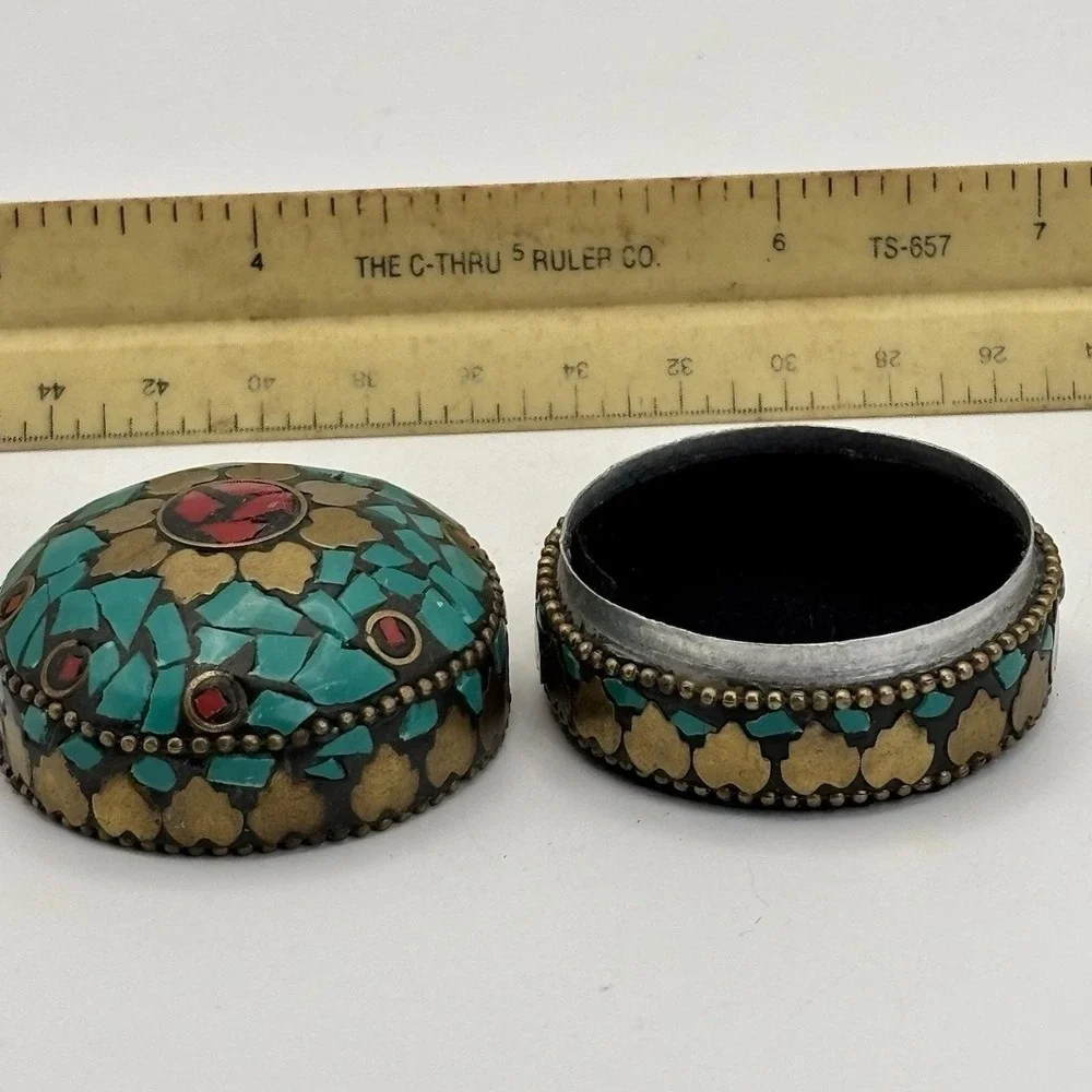 Vintage Trinket Box Turquoise Coral - Tibetan Style Brass Filagree‎ Hand Crafted